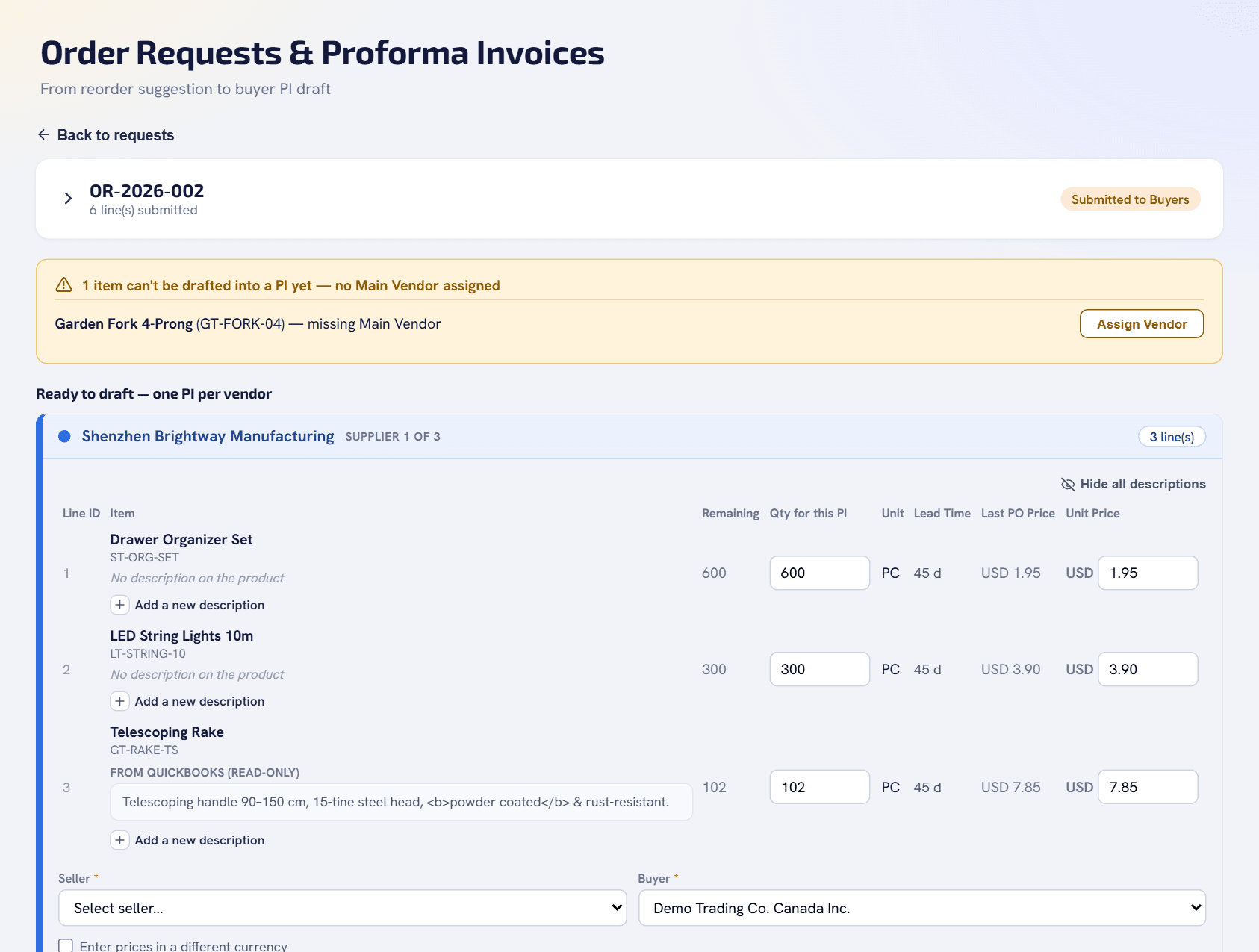 Namin Order Request screen: lines grouped by supplier with a colour for each supplier, each line showing its description from QuickBooks and an option to add a new one