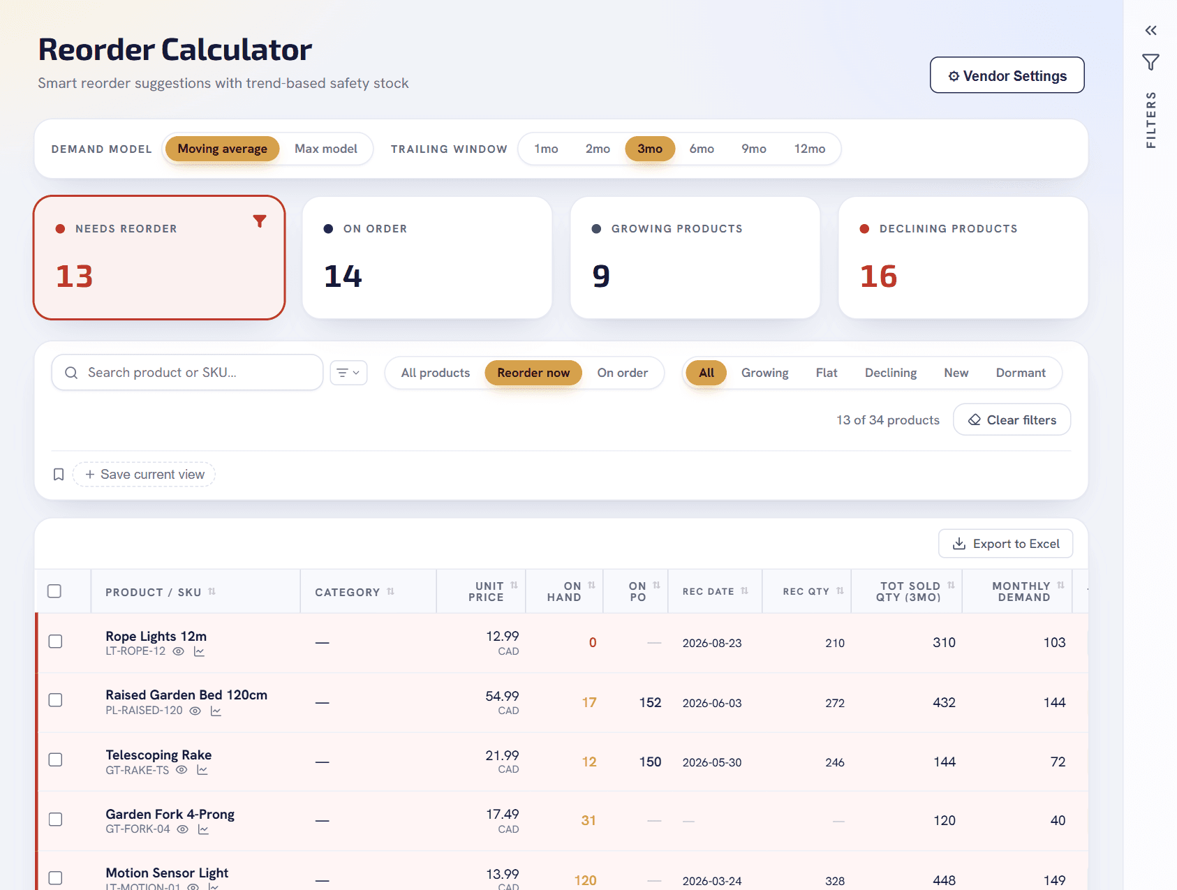 Namin Reorder Calculator: 7 products need reordering, with on-hand stock, open purchase orders, recommended quantity and sales trend for each product